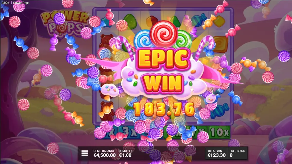 Tampilan visual slot Power Pops dengan tema permen warna-warni